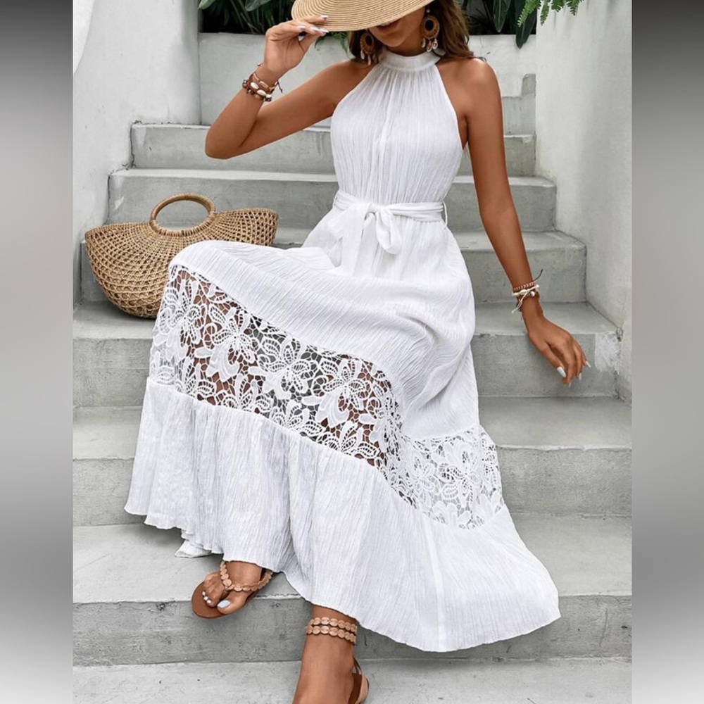 Boho lace insert belted halter maxi dress - Picture 6 of 6